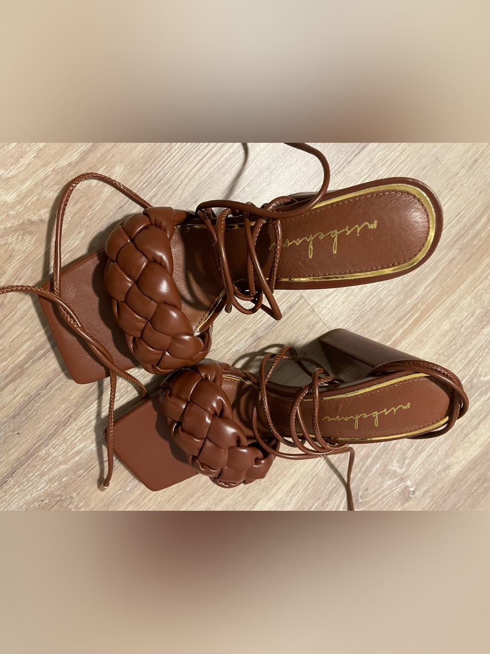Braided Lace-Up Block Heel Sandals - Brown